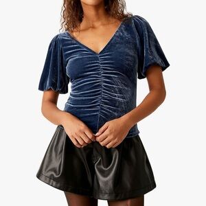 Free People Cupcake Fitted Velvet Top Puff Sleeve Blue - Size Small